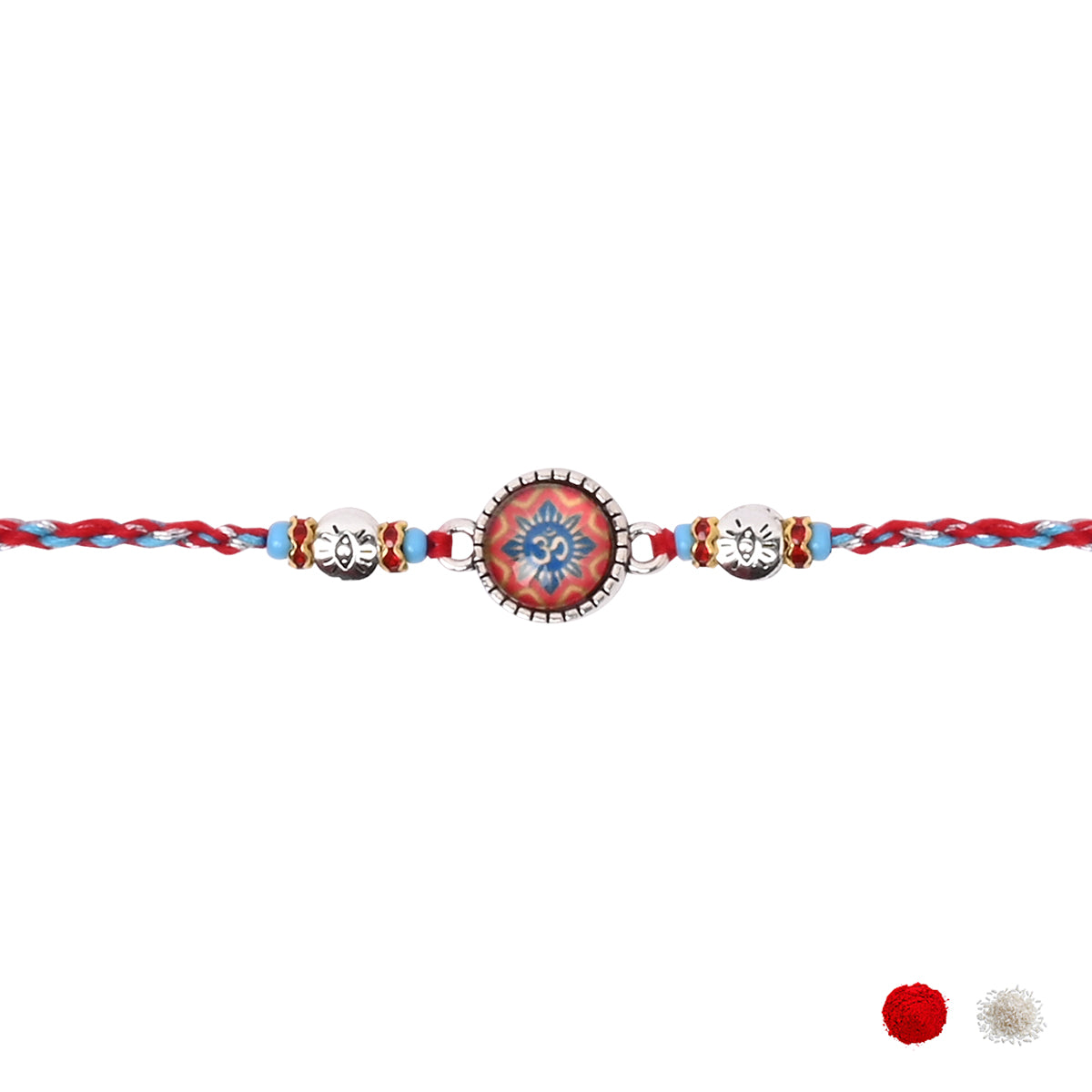 Enamel Silver Om Rakhi for Bhai - Elegant Design with Multicolour Thread