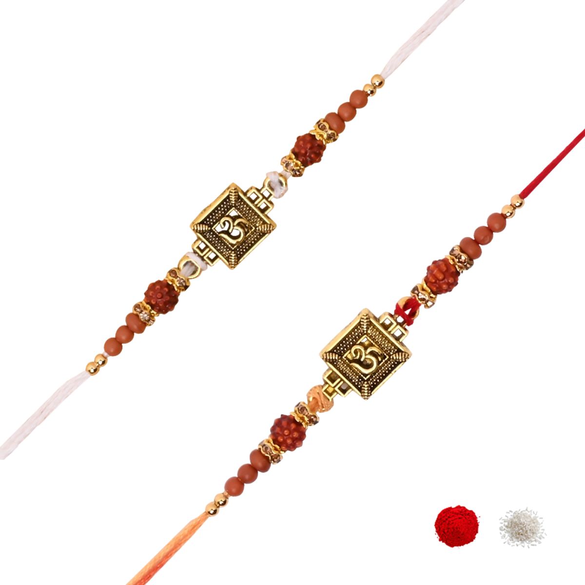 Designer OM Rakhi Set with Roli Chawal & Rakshabandhan Card (Pack of 2)