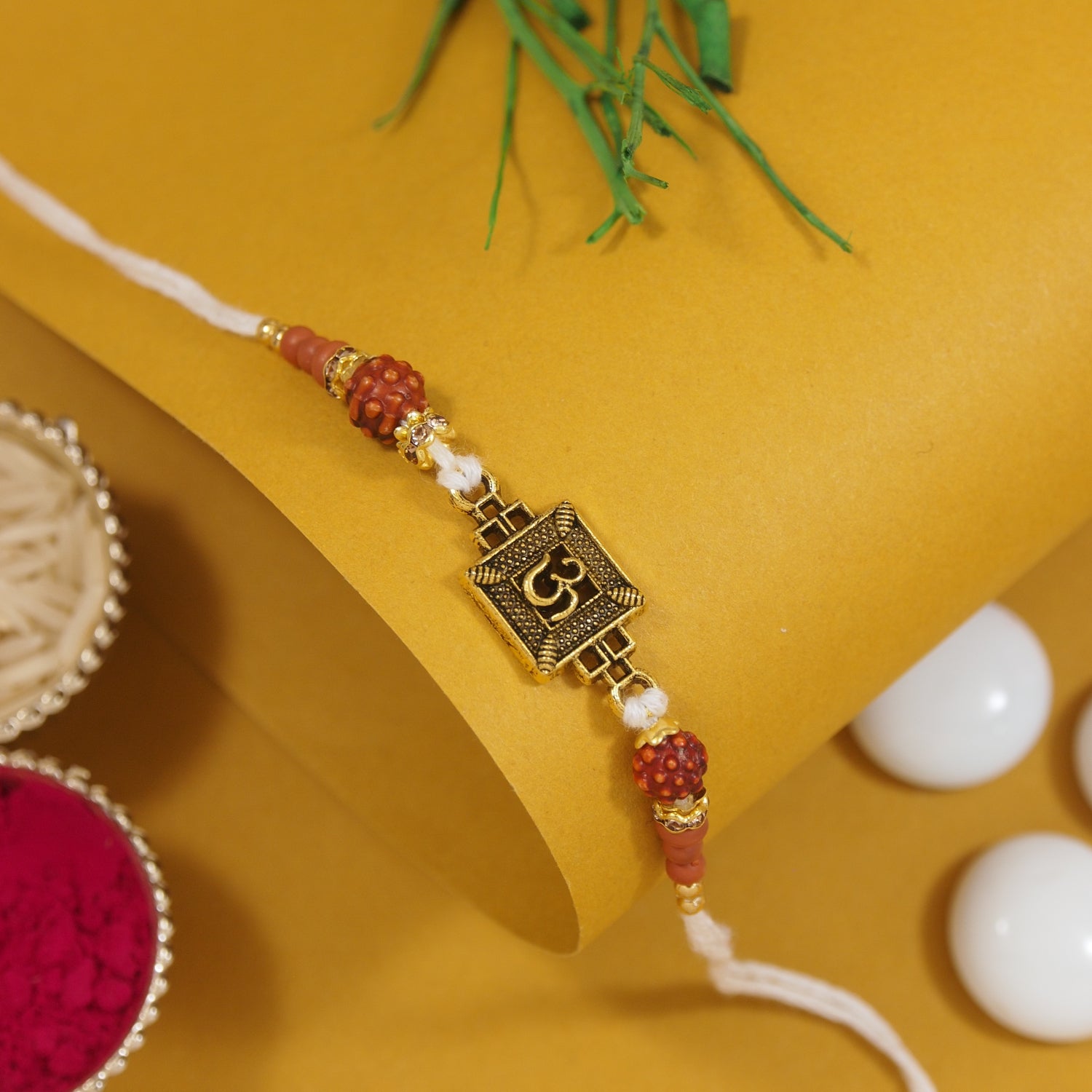 Om White Rakhi with Roli Chawal & Rakshabhandan Card
