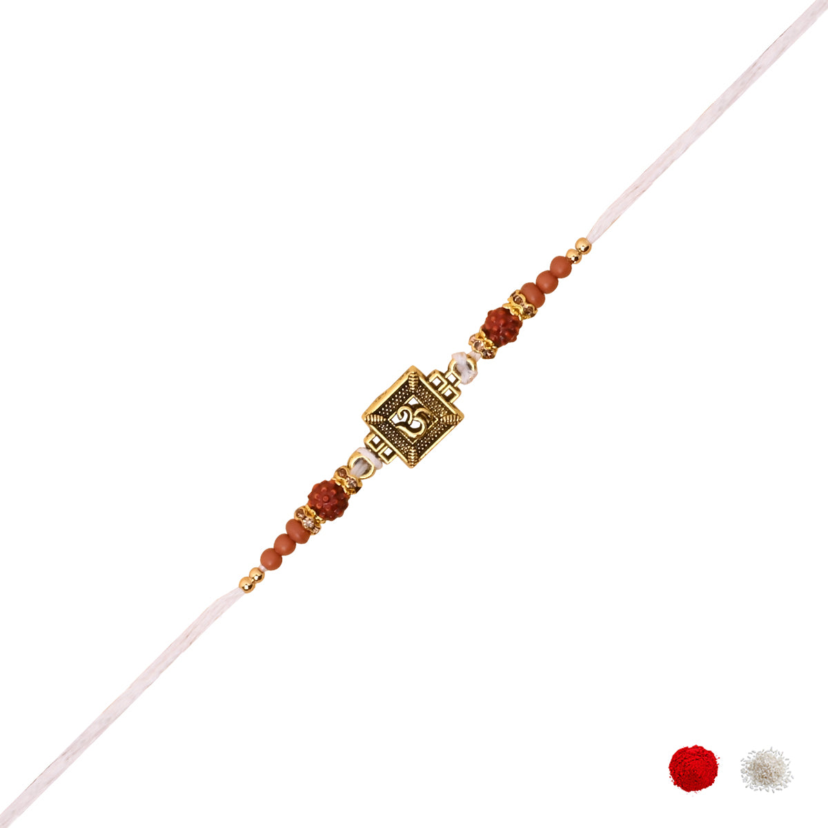 Om White Rakhi with Roli Chawal & Rakshabhandan Card