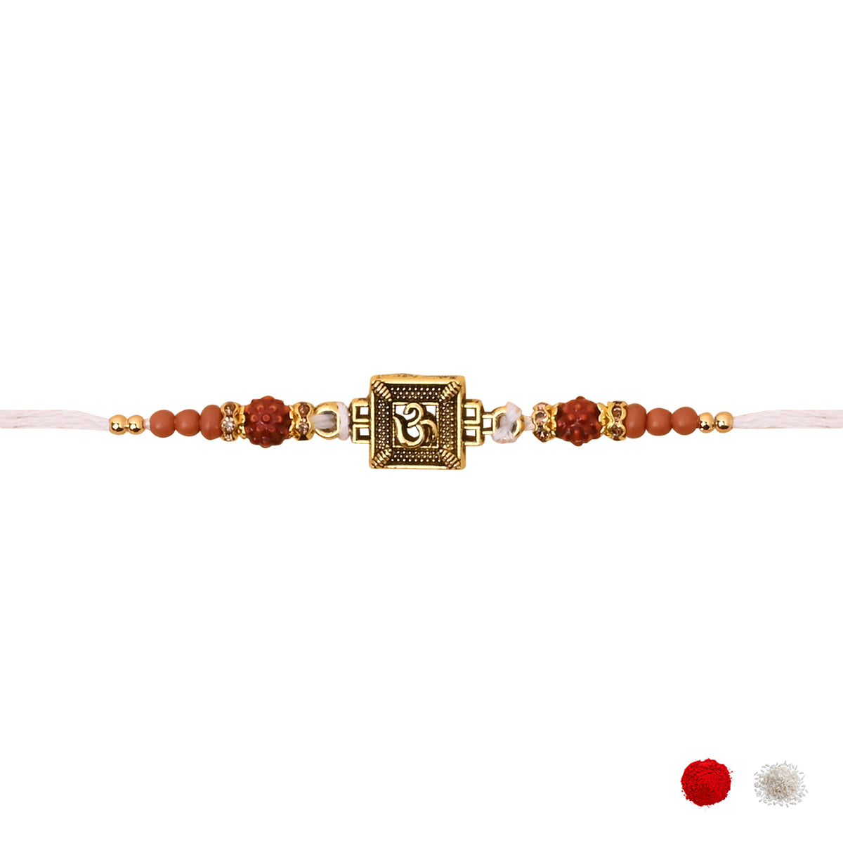 Om White Rakhi with Roli Chawal & Rakshabhandan Card
