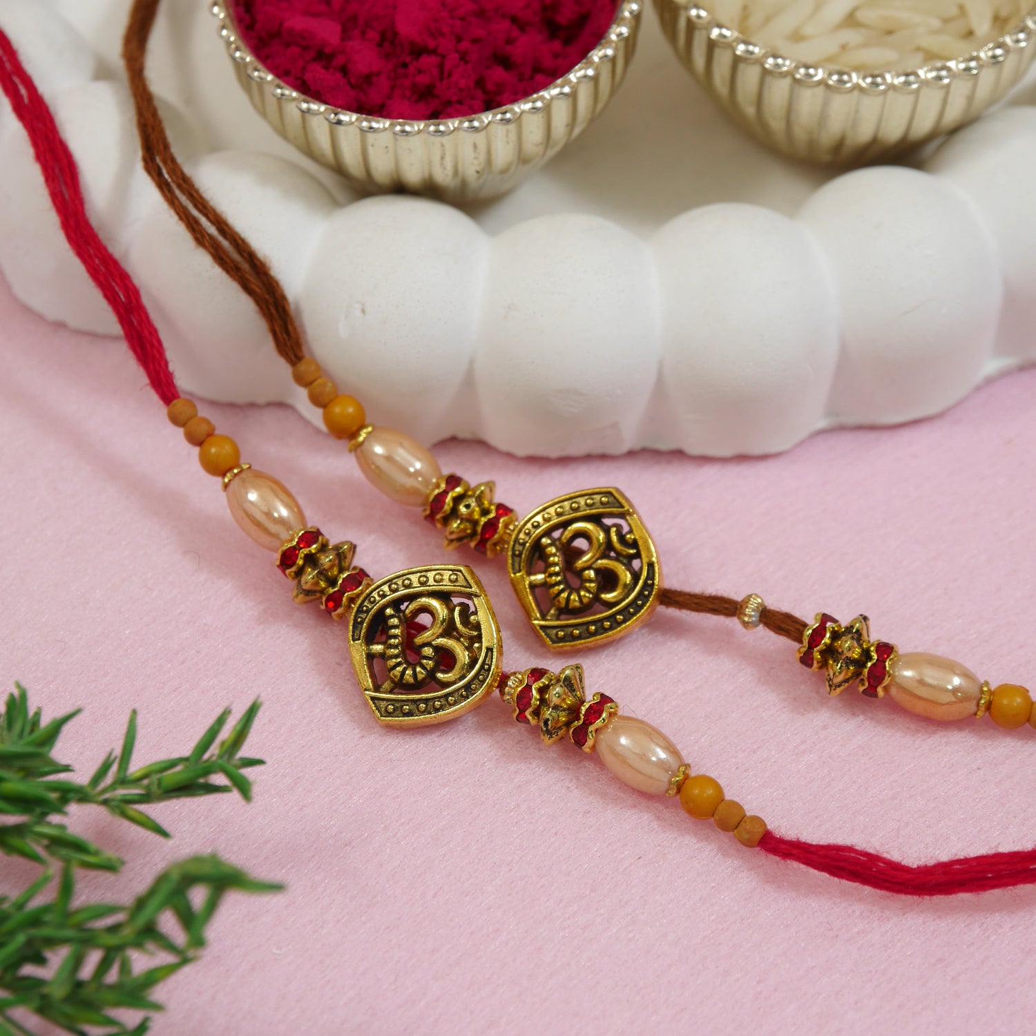 Antique Beaded OM Rakhi Combo for Bhai with brown and red thread