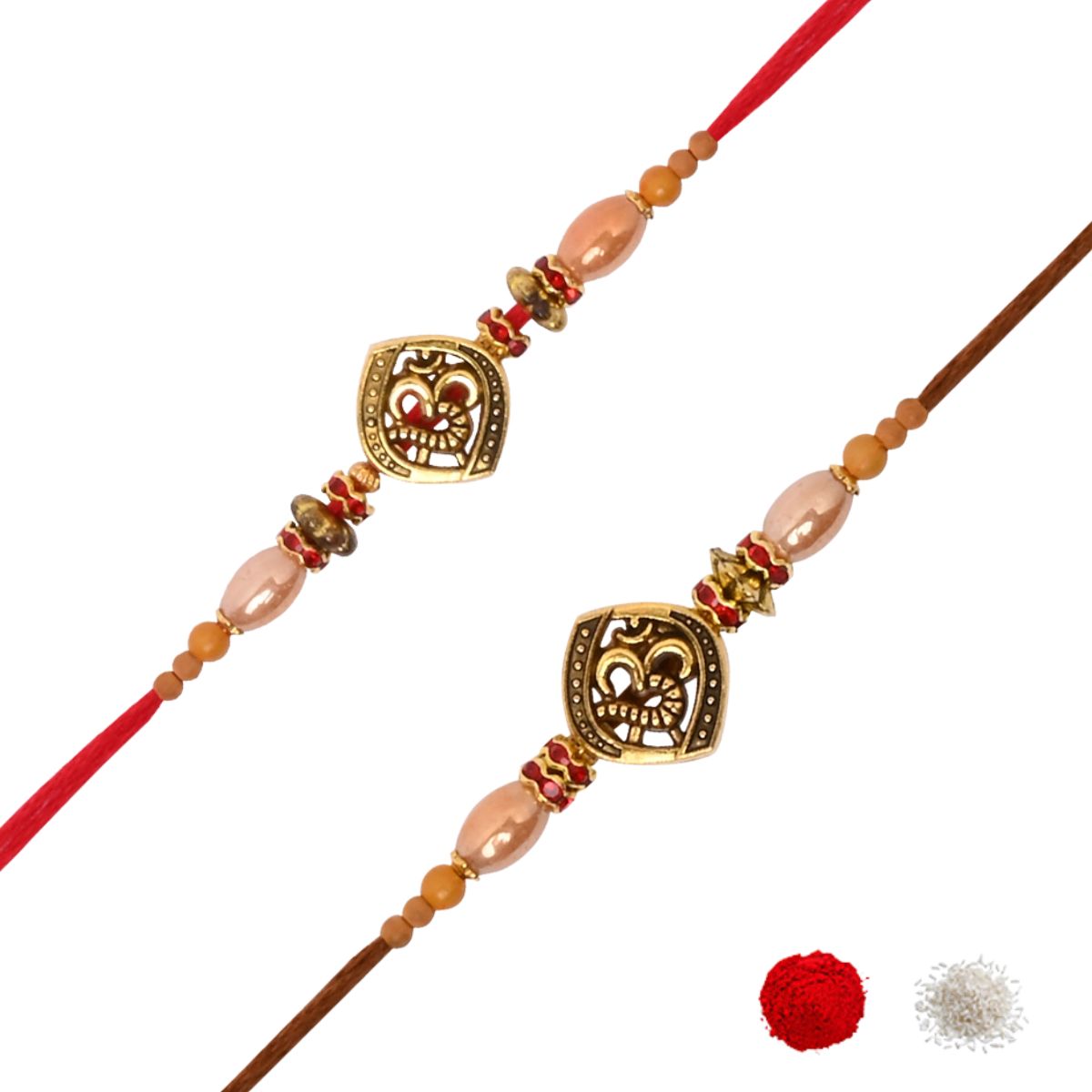 Antique Beaded OM Rakhi Combo for Bhai - Pack of 2 with Roli Chawal