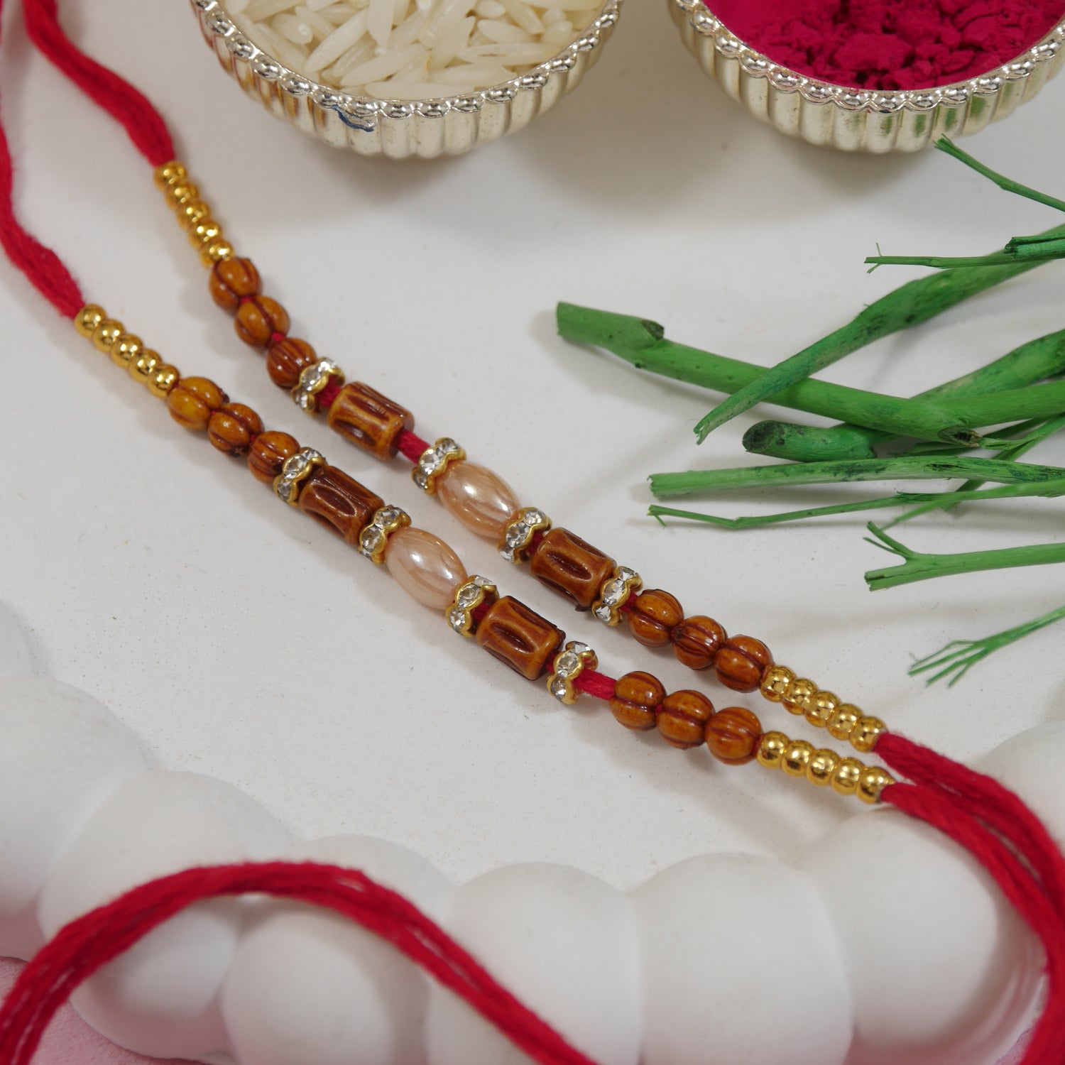 Pearl & Kundan Enamel Rakhi With Roli Chawal & Rakshabandhan Card