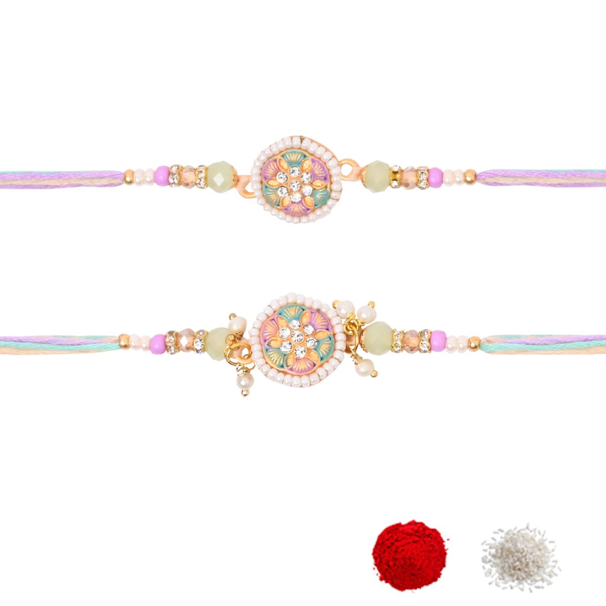 Pearl & Kundan Bhaiya Bhabhi Rakhi With Roli Chawal & Rakshabandhan Card