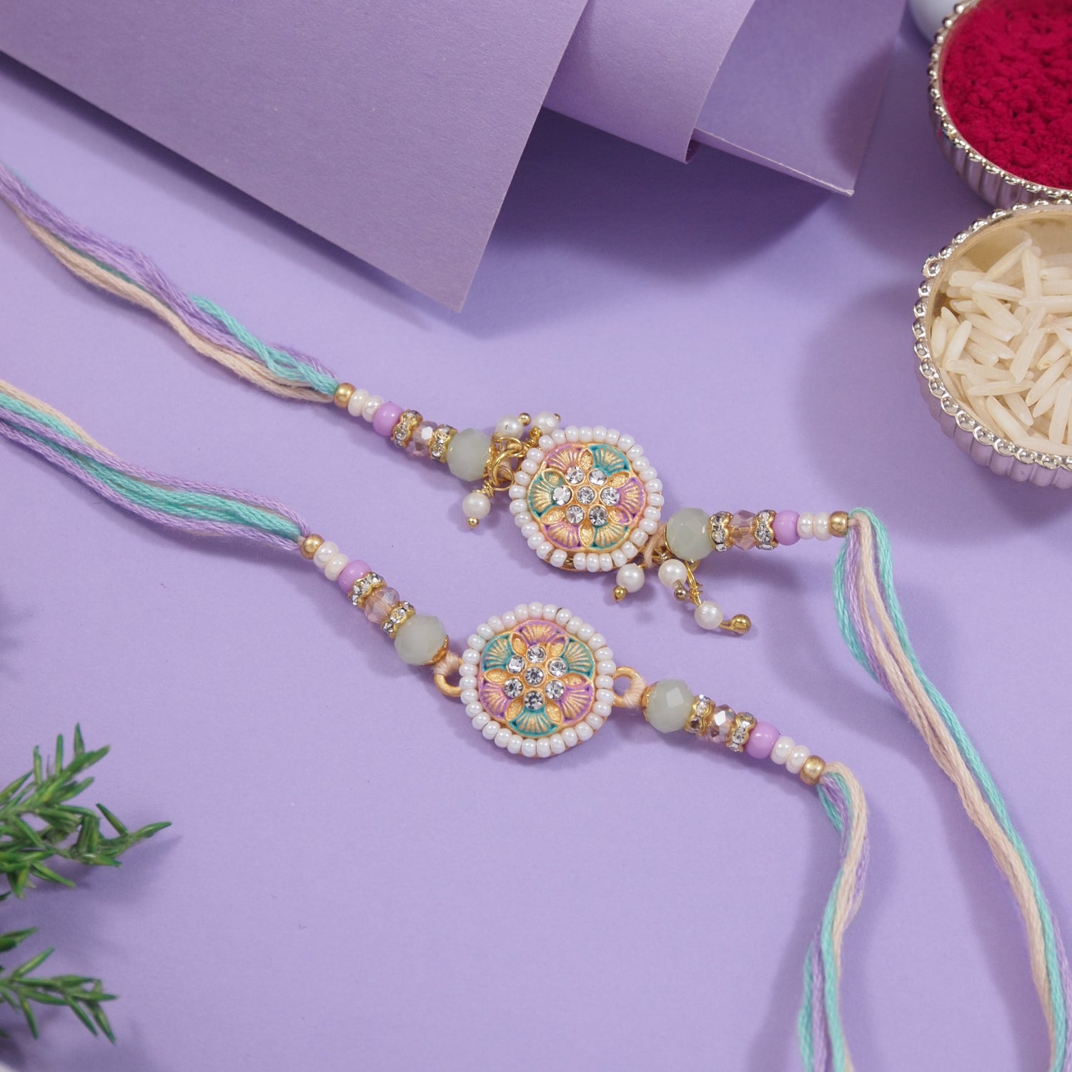 Pearl & Kundan Bhaiya Bhabhi Rakhi With Roli Chawal & Rakshabandhan Card