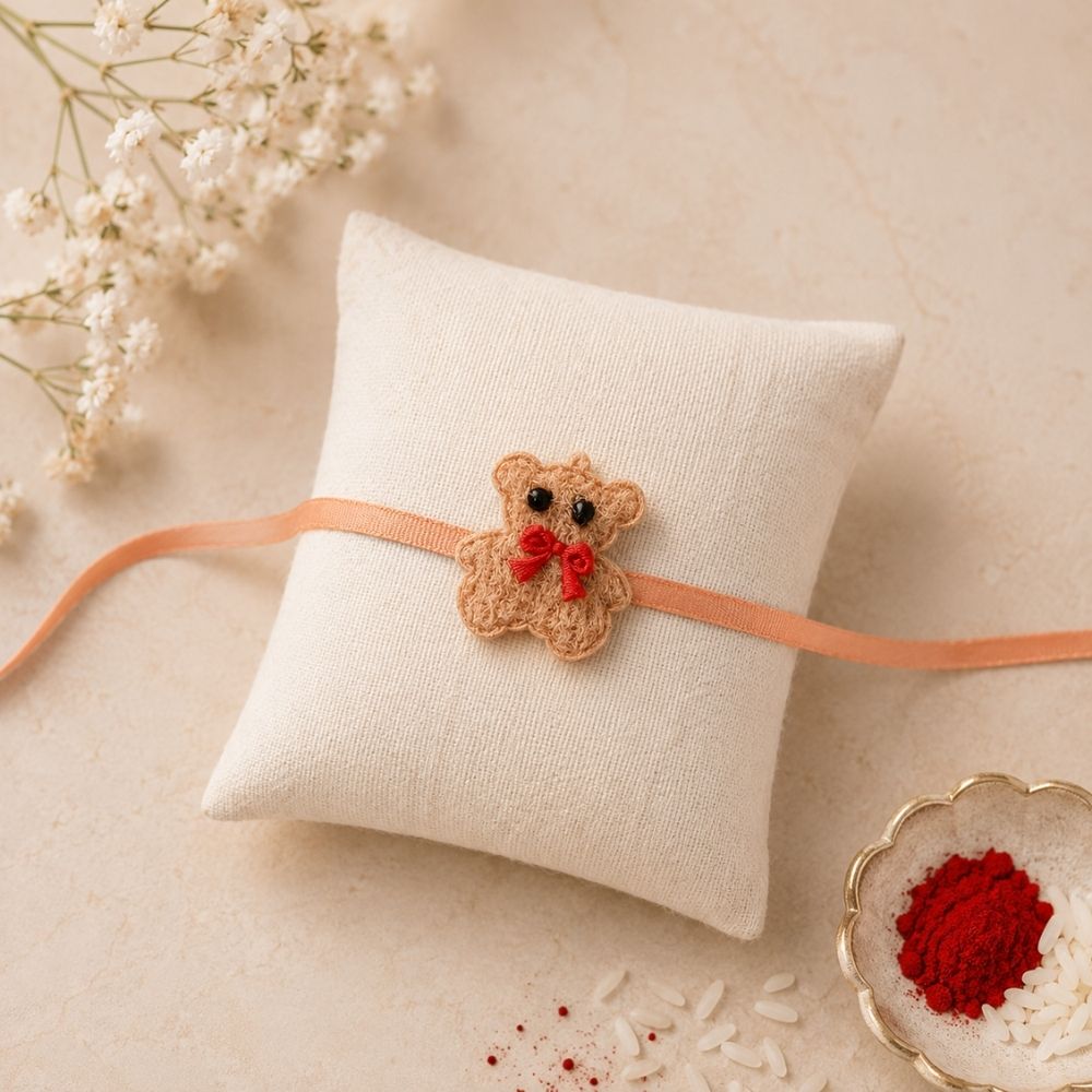 Teddy Bear Orange Rakhi with Roli Chawal & Rakshabhandan Card