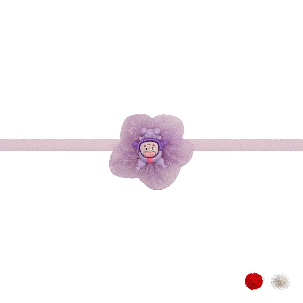Cute Purple Organza Flower Rakhi with Roli Chawal & Rakshabandhan Card
