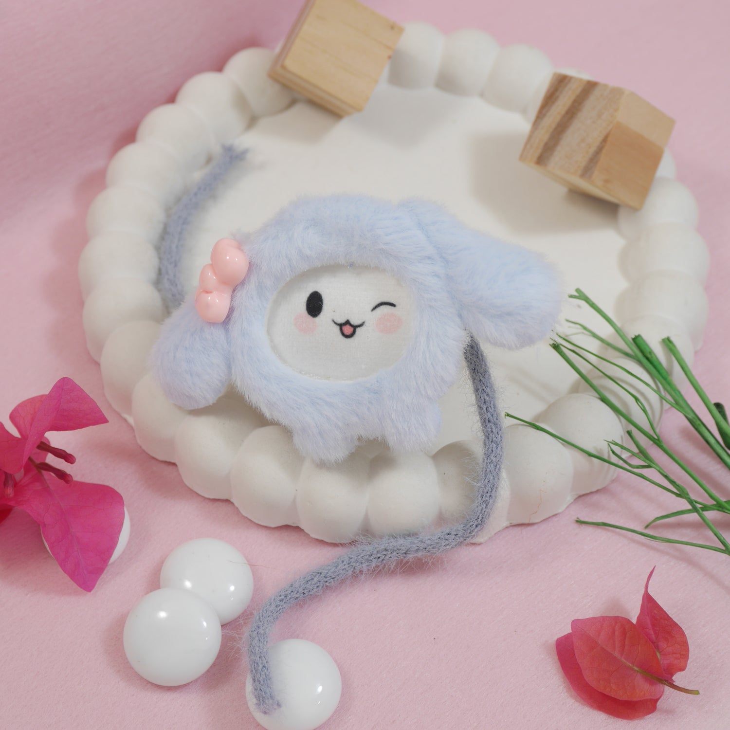 Winking Bunny Rakhi in Soft Blue Fur With Roli Chawal & Rakshabandhan Card