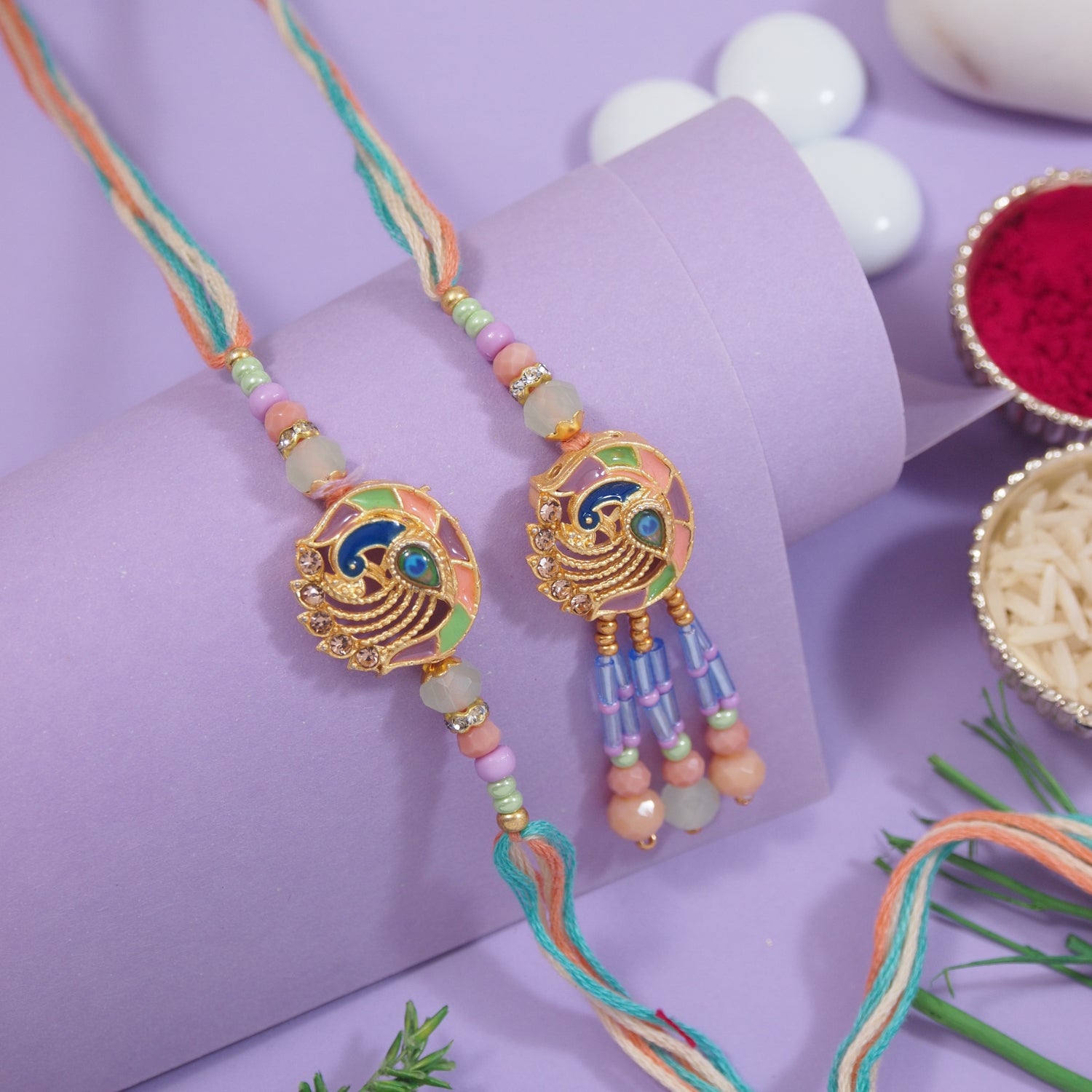 Elegant Bhaiya Bhabhi Lumba Pearl & Rakhi With Roli Chawal & Card