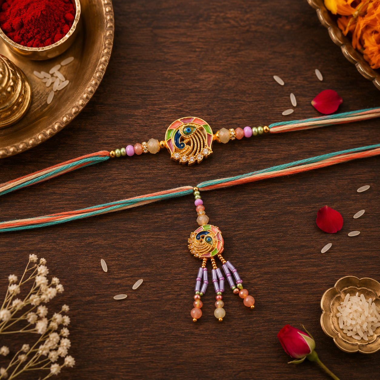 Elegant Bhaiya Bhabhi Lumba Pearl & Rakhi With Roli Chawal & Card