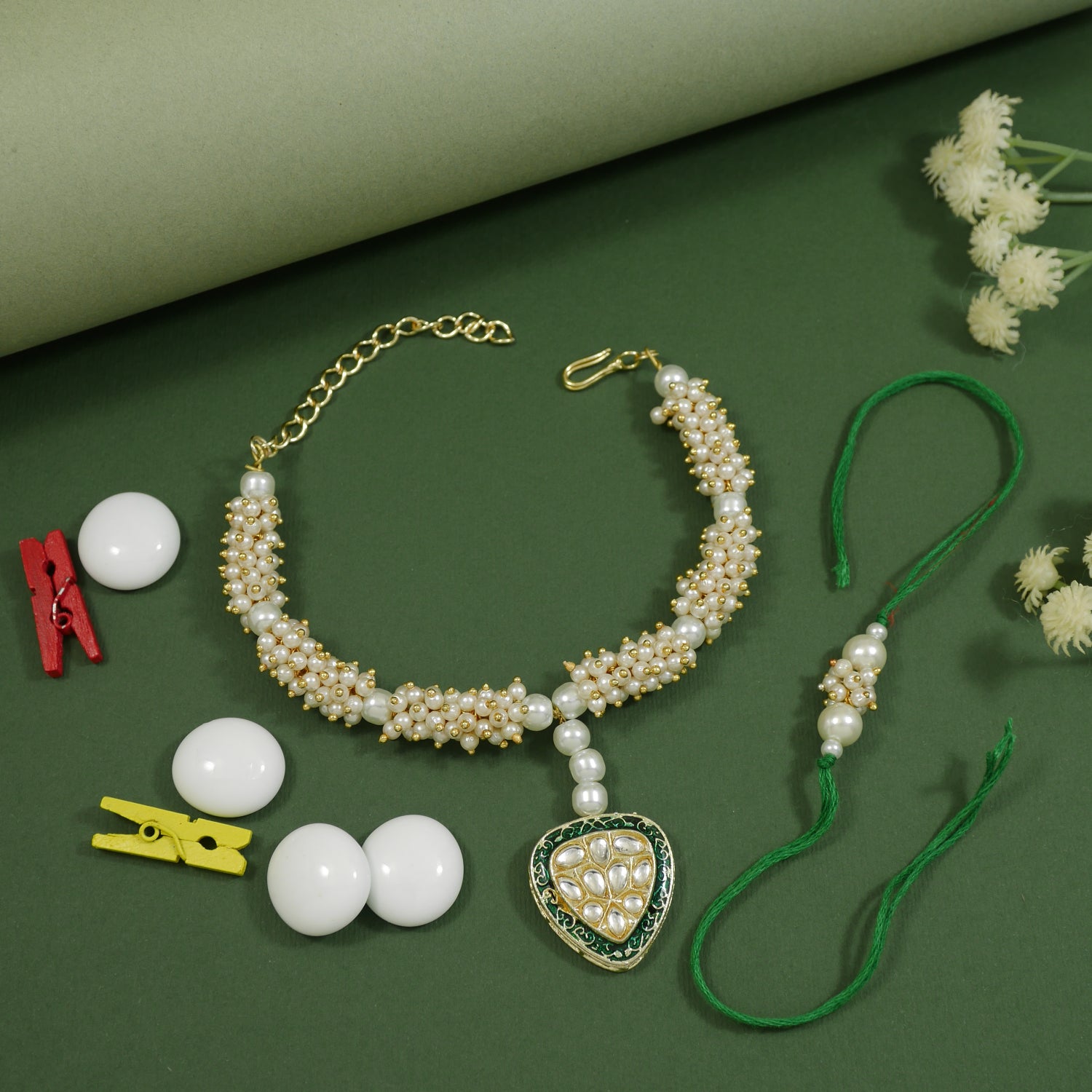 Pearl & Kundan Bhaiya Bhabhi Lumba Rakhi With Roli Chawal & Rakshabandhan Card