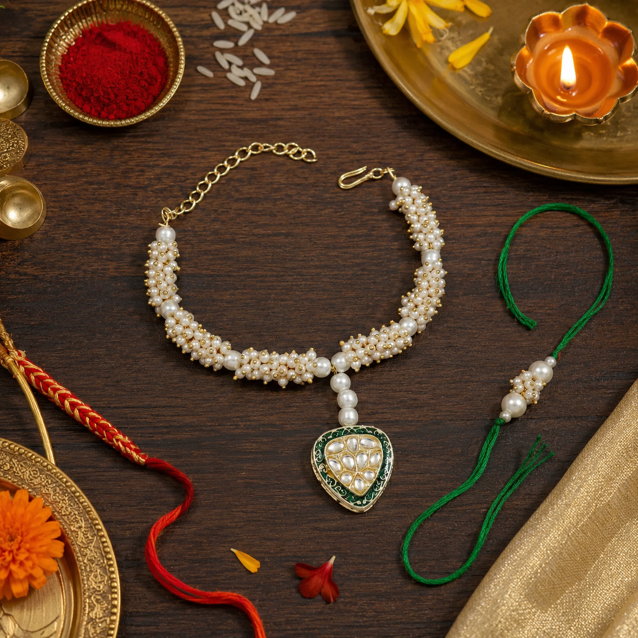 Pearl & Kundan Bhaiya Bhabhi Lumba Rakhi With Roli Chawal & Rakshabandhan Card