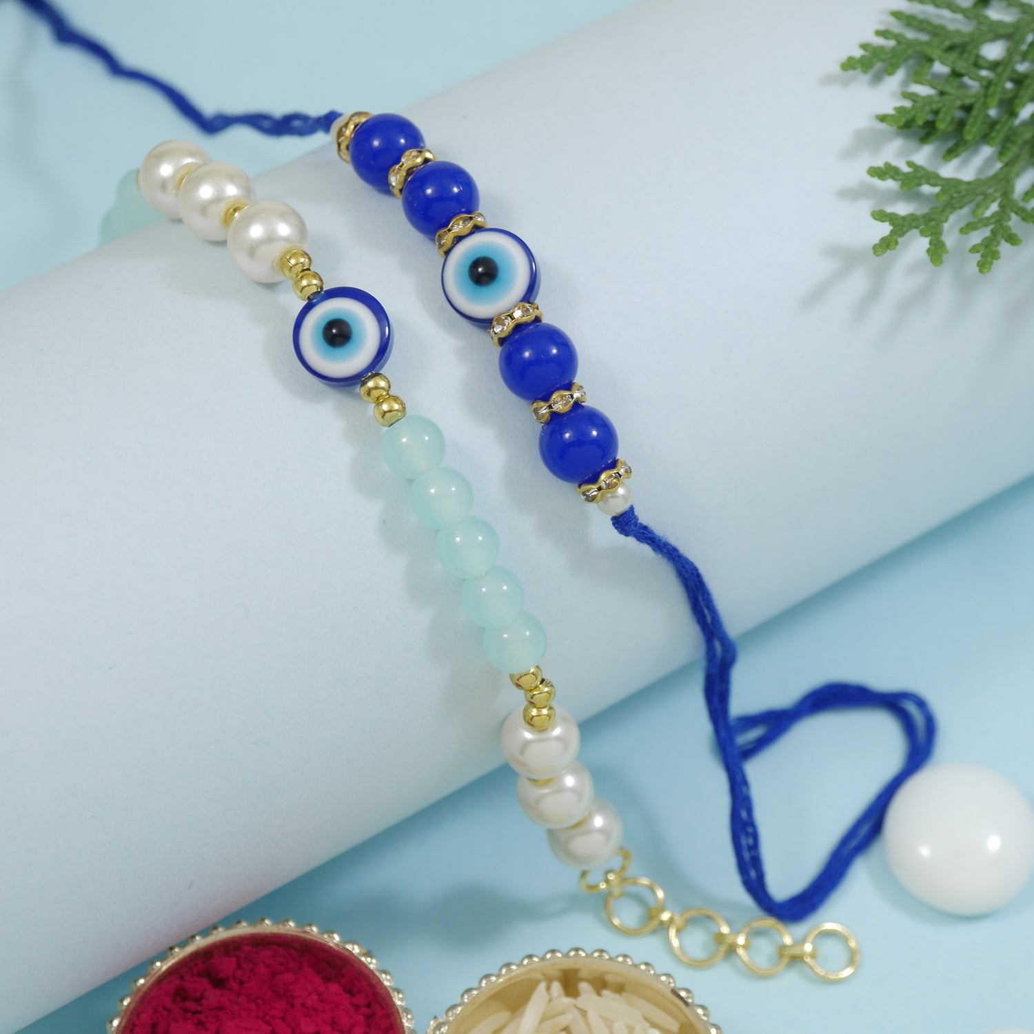 Evil Eye Beaded Bhaiya Bhabhi Rakhi With Roli Chawal & Rakshabandhan Card
