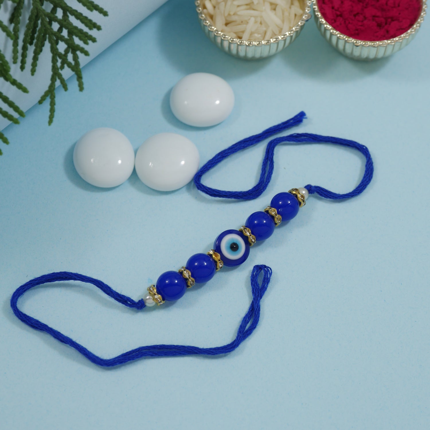 Evil Eye Beaded Bhaiya Bhabhi Rakhi With Roli Chawal & Rakshabandhan Card