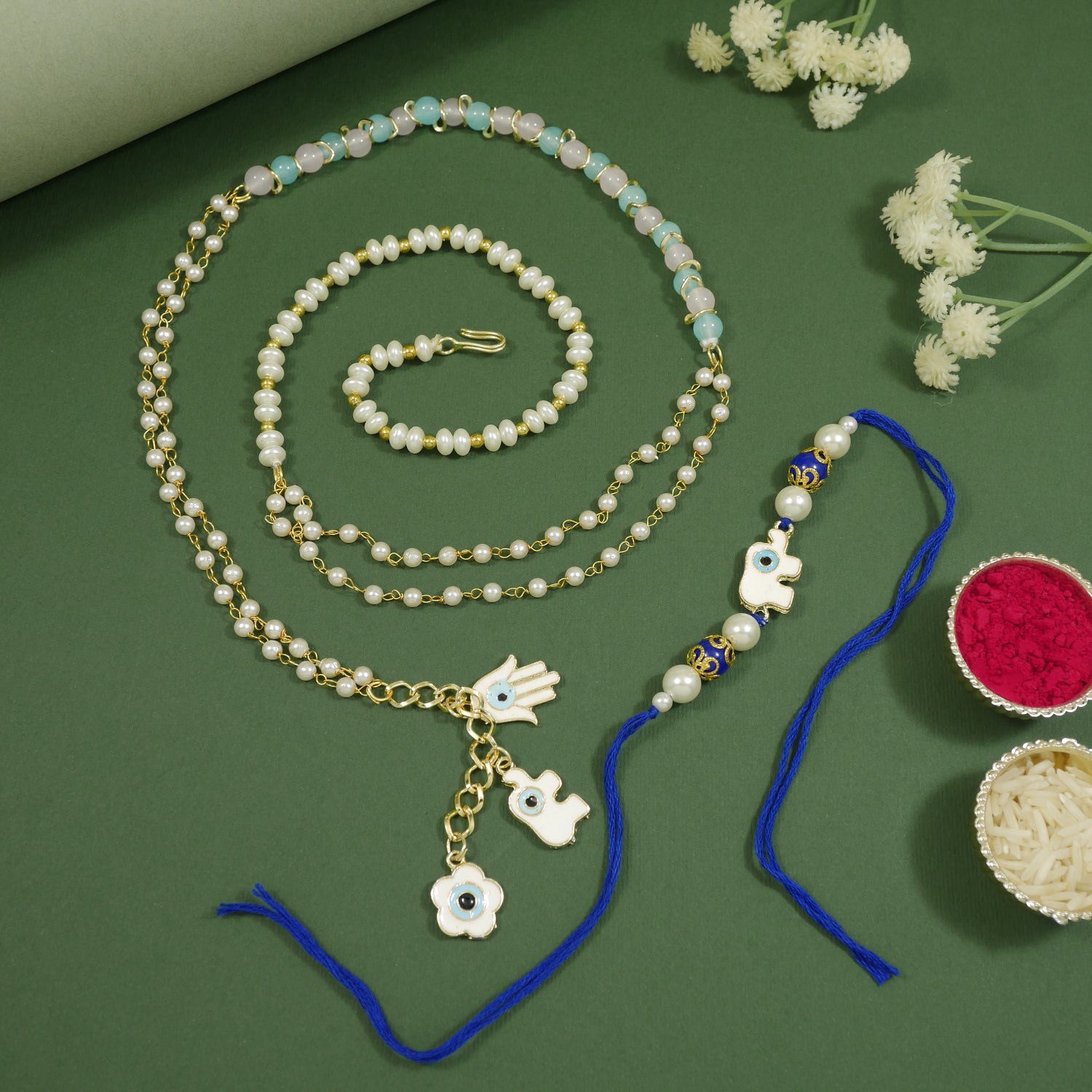 Elegant Bhaiya Bhabhi Wrap Around Lumba Pearl Rakhi With Roli Chawal & Card