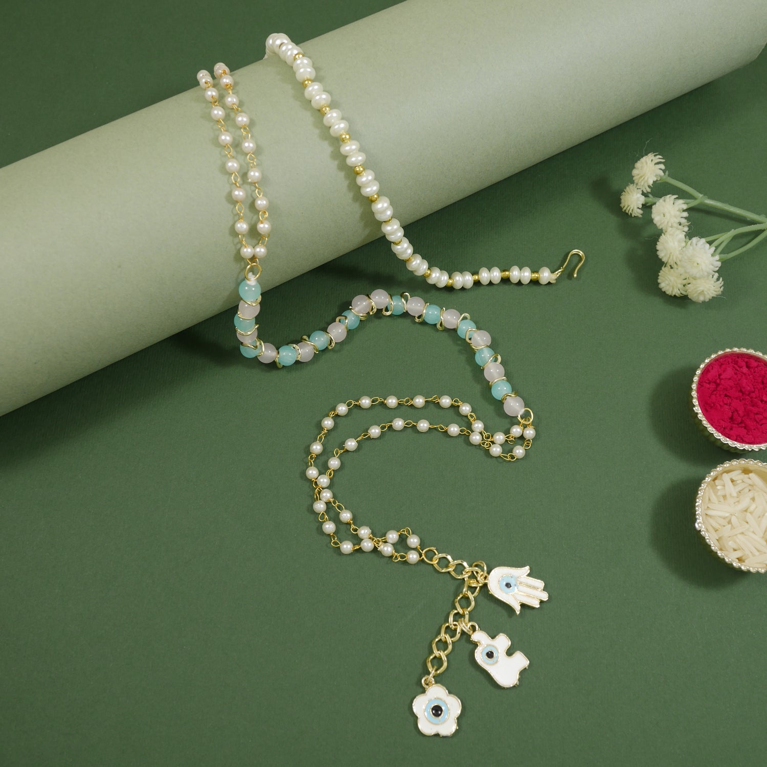Elegant Bhaiya Bhabhi Wrap Around Lumba Pearl Rakhi With Roli Chawal & Card