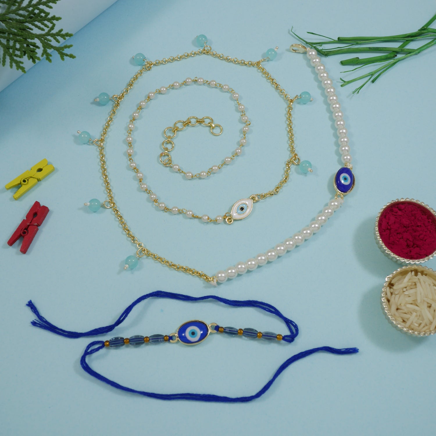 Elegant Bhaiya Bhabhi Wrap Around Lumba Pearl Rakhi With Roli Chawal & Card