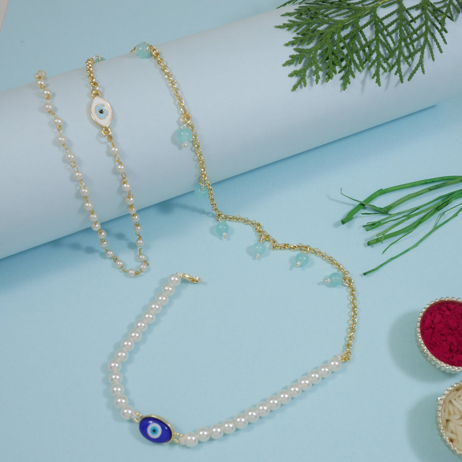 Elegant Bhaiya Bhabhi Wrap Around Lumba Pearl Rakhi With Roli Chawal & Card