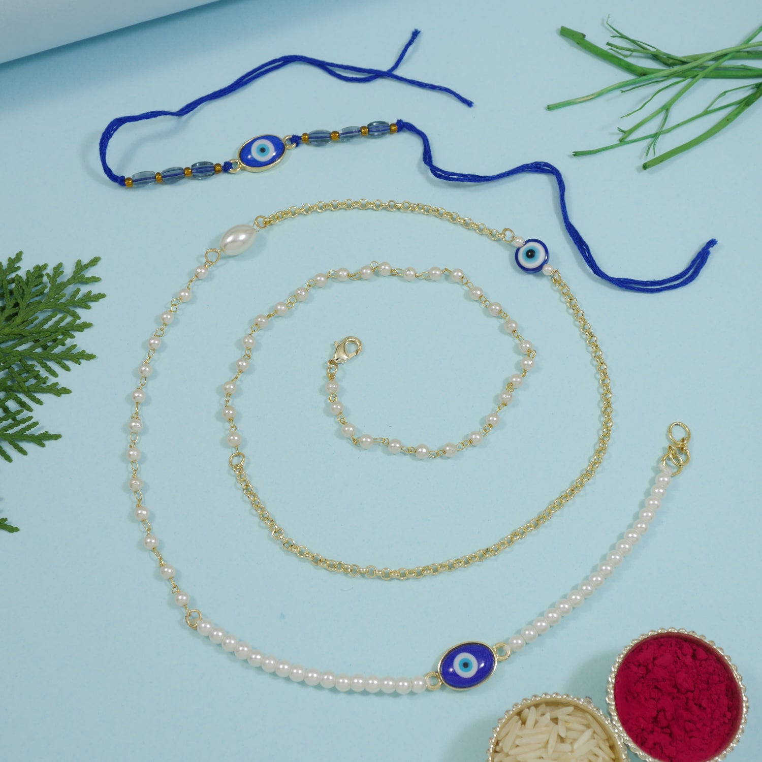 Elegant Bhaiya Bhabhi Wrap Around Lumba Pearl Rakhi With Roli Chawal & Card