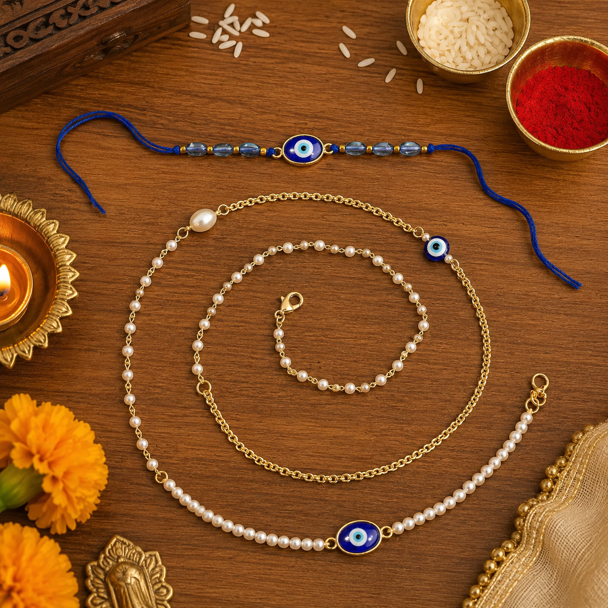 Elegant Bhaiya Bhabhi Wrap Around Lumba Pearl Rakhi With Roli Chawal & Card