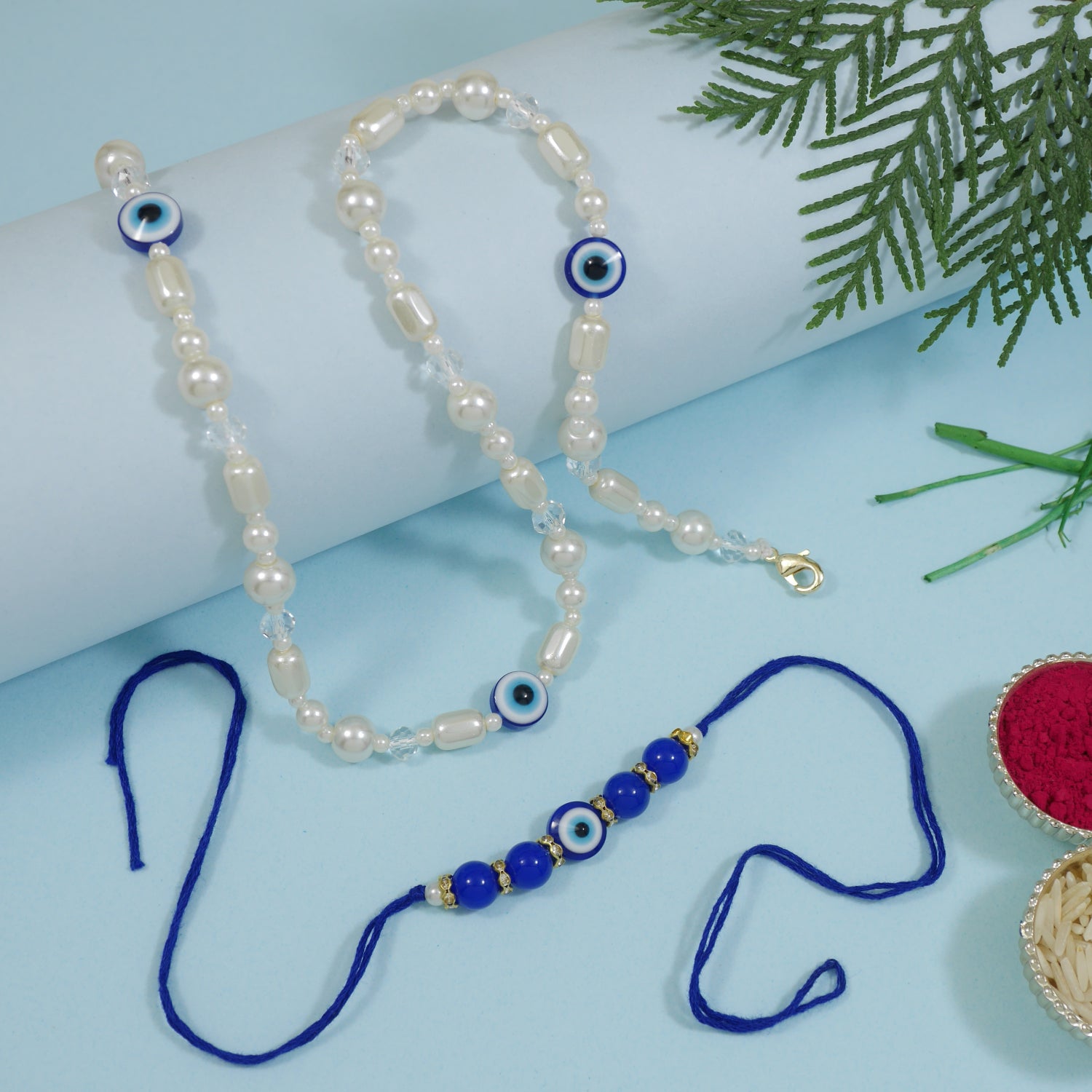 Elegant Bhaiya Bhabhi Wrap Around Lumba Pearl Rakhi With Roli Chawal & Rakshabandhan Card