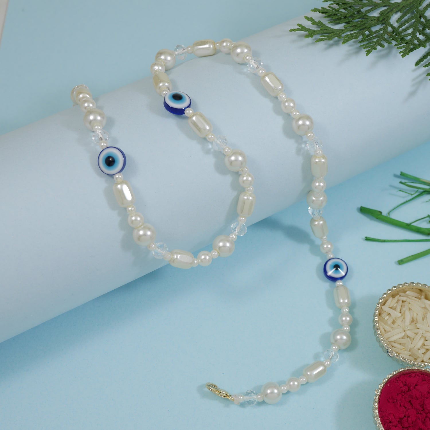 Elegant Bhaiya Bhabhi Wrap Around Lumba Pearl Rakhi With Roli Chawal & Rakshabandhan Card
