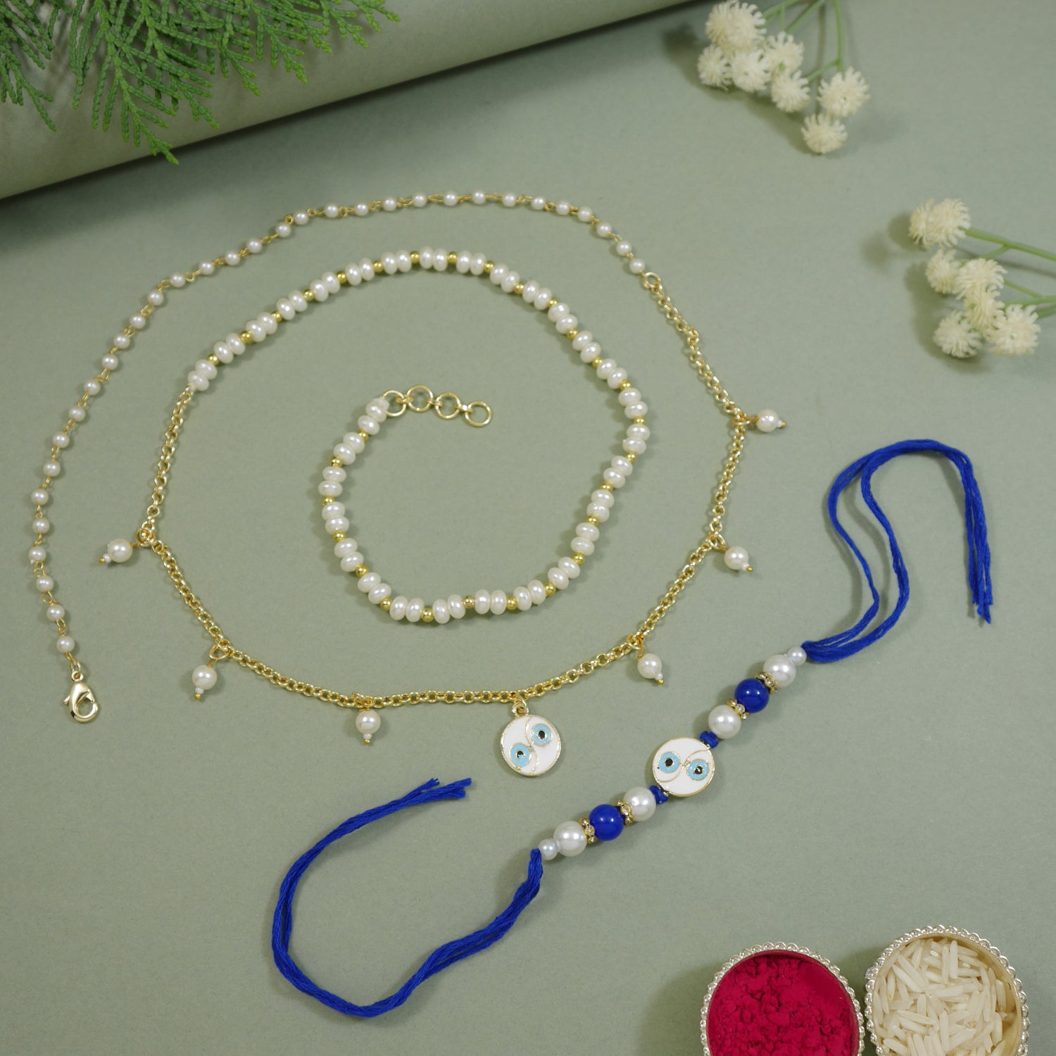 Elegant Bhaiya Bhabhi Wrap Around Lumba Pearl Rakhi With Roli Chawal & Card