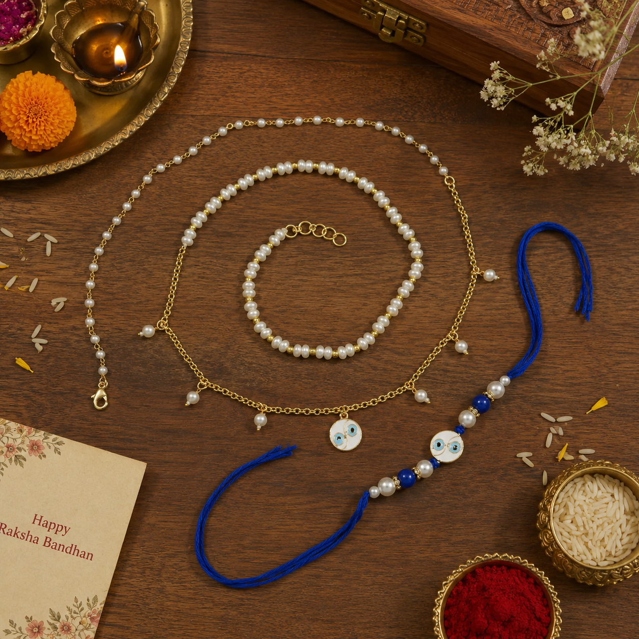 Elegant Bhaiya Bhabhi Wrap Around Lumba Pearl Rakhi With Roli Chawal & Card