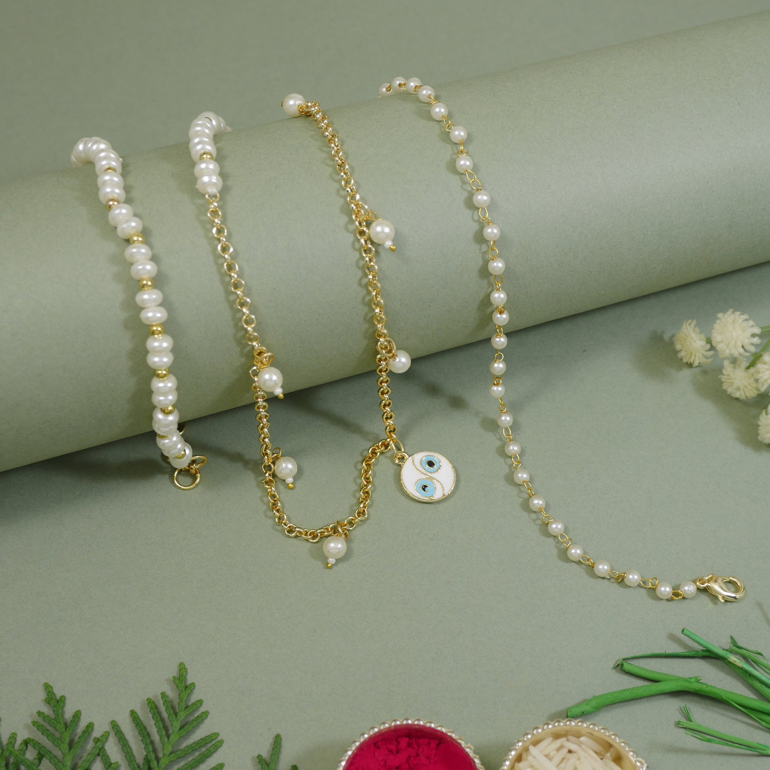 Elegant Bhaiya Bhabhi Wrap Around Lumba Pearl Rakhi With Roli Chawal & Card