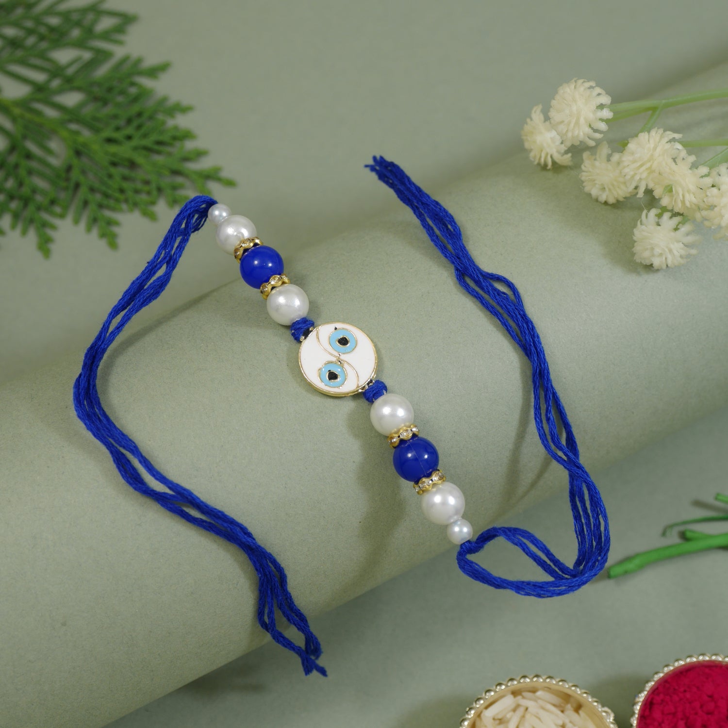 Elegant Bhaiya Bhabhi Wrap Around Lumba Pearl Rakhi With Roli Chawal & Card
