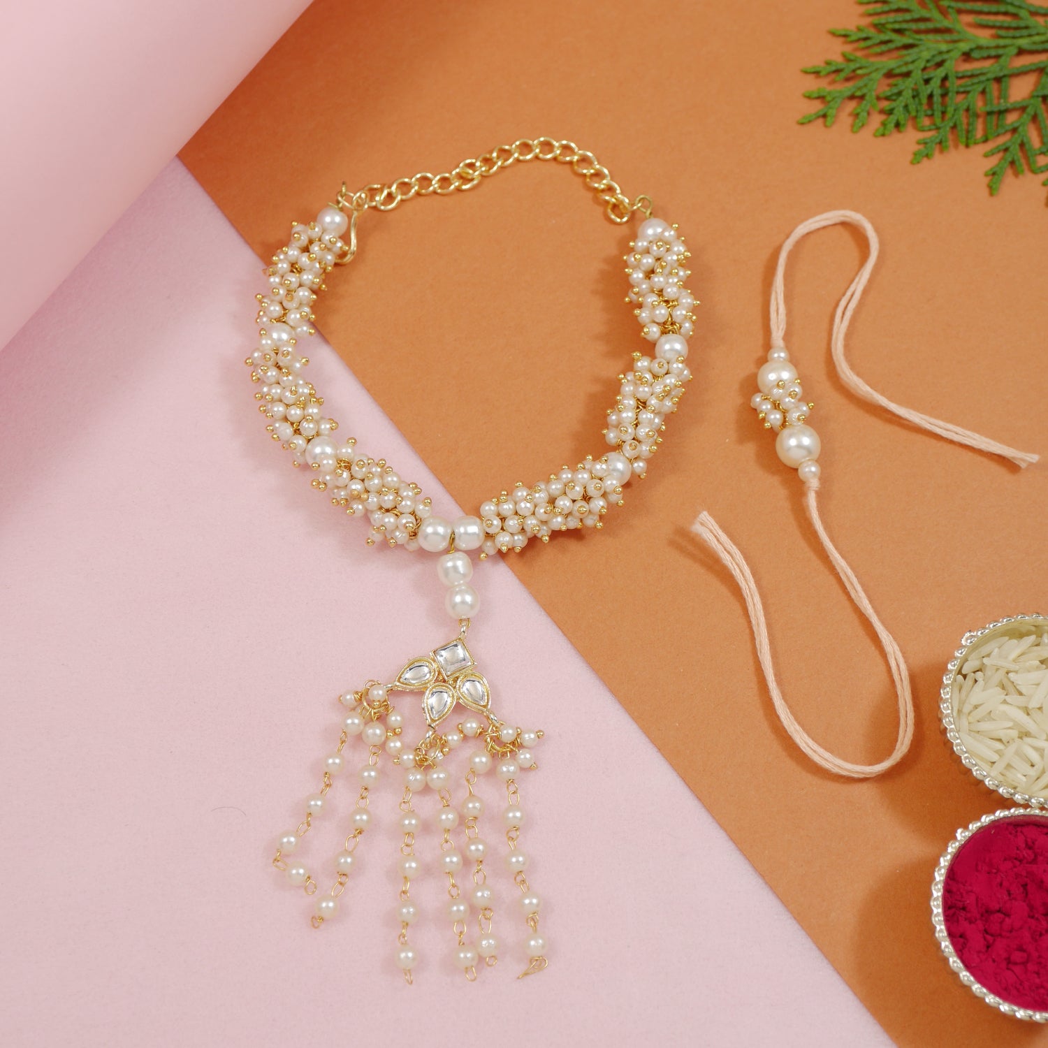 Delicate Pearl Work Bhaiya Bhabhii Lumba Rakhi With Roli Chawal & Rakshabandhan Card