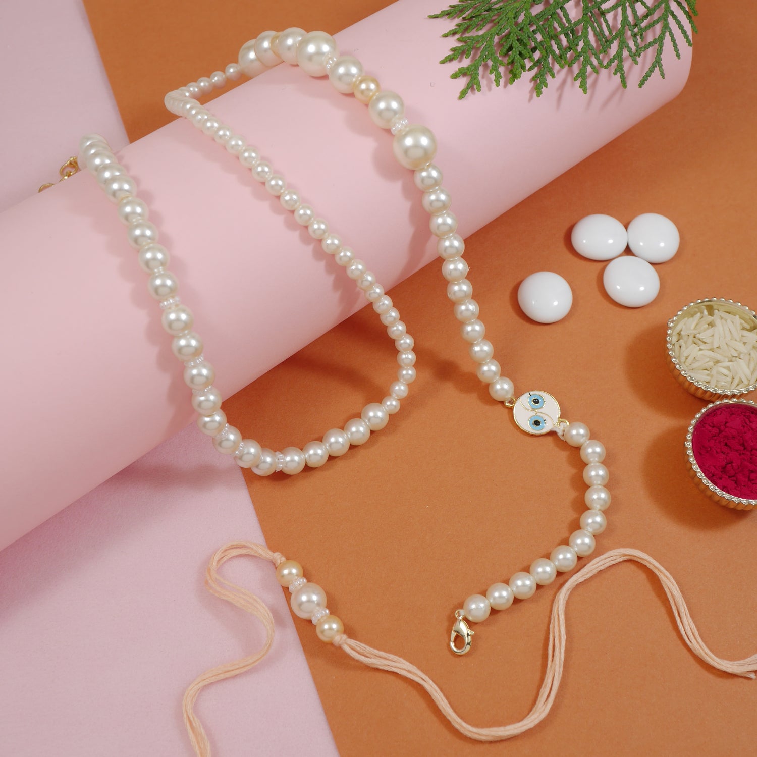Elegant Bhaiya Bhabhi Wrap Around Lumba Pearl Rakhi With Roli Chawal & Rakshabandhan Card