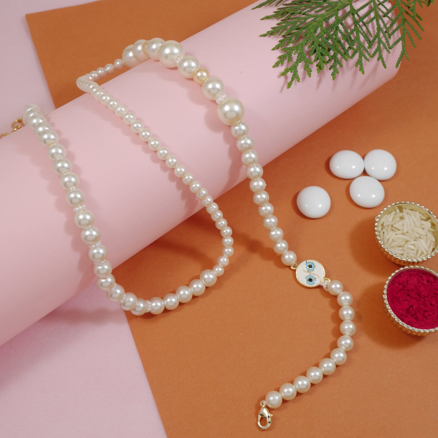 Elegant Bhaiya Bhabhi Wrap Around Lumba Pearl Rakhi With Roli Chawal & Rakshabandhan Card