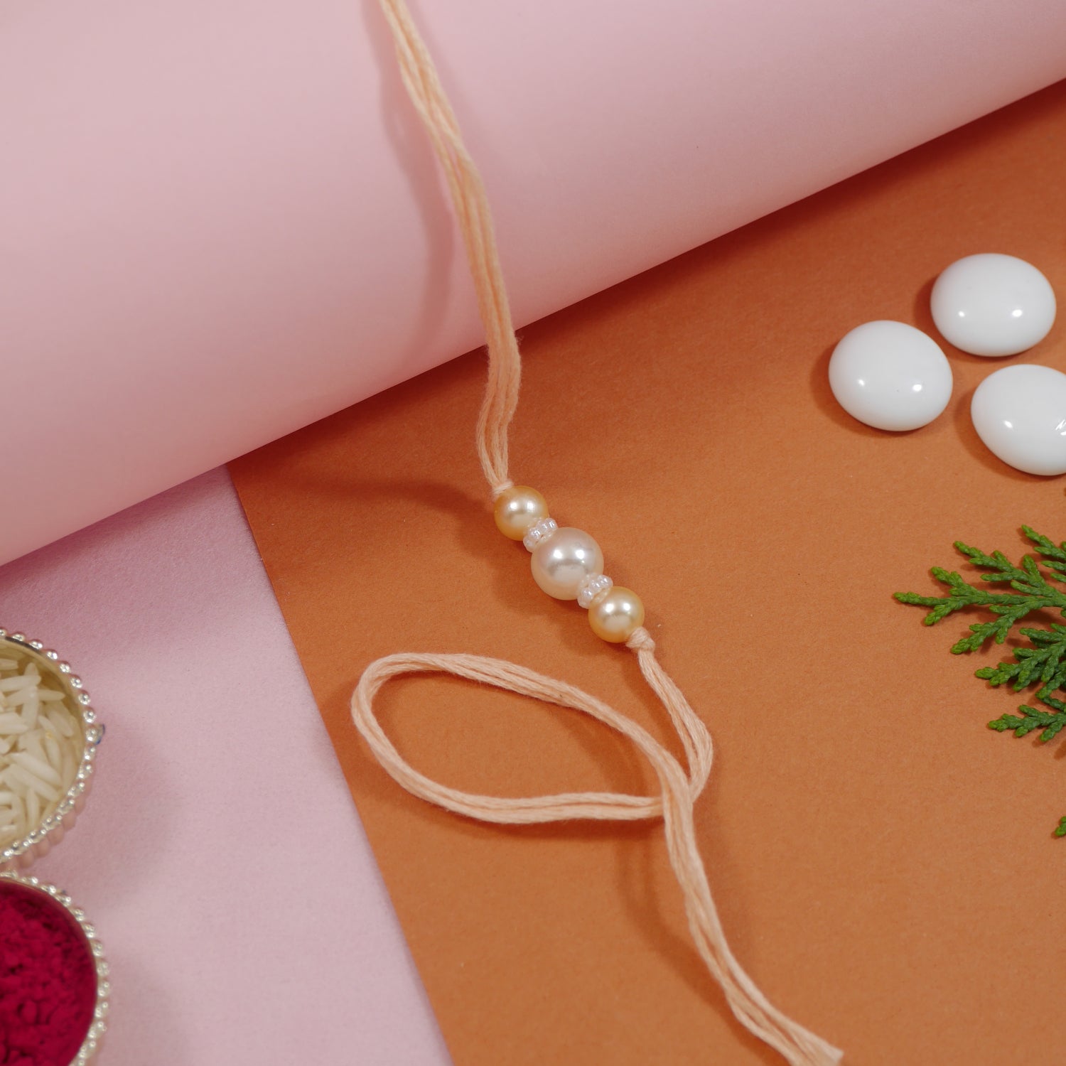 Elegant Bhaiya Bhabhi Wrap Around Lumba Pearl Rakhi With Roli Chawal & Rakshabandhan Card