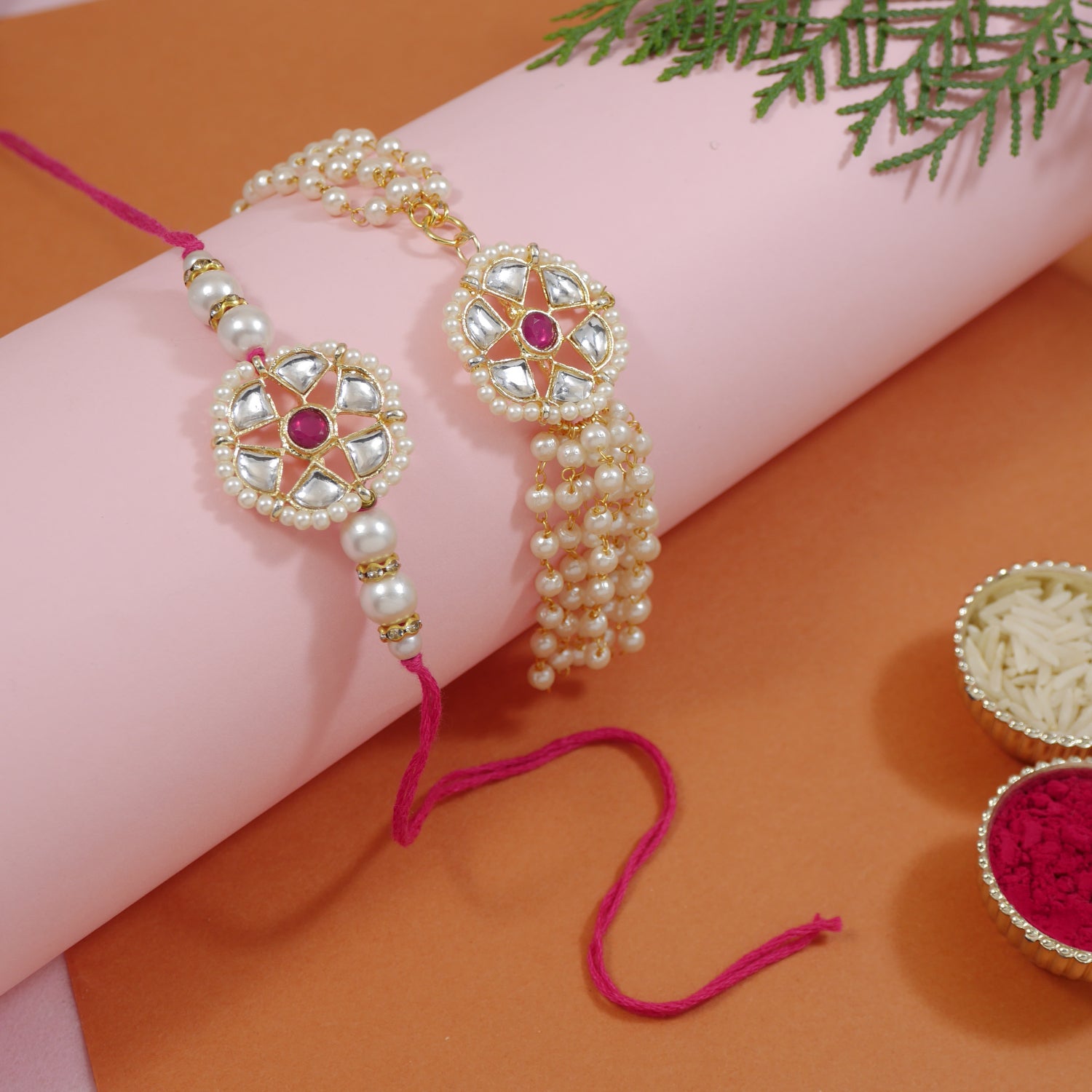 Delicate Pearl Work Bhaiya Bhabhii Lumba Rakhi With Roli Chawal & Rakshabandhan Card