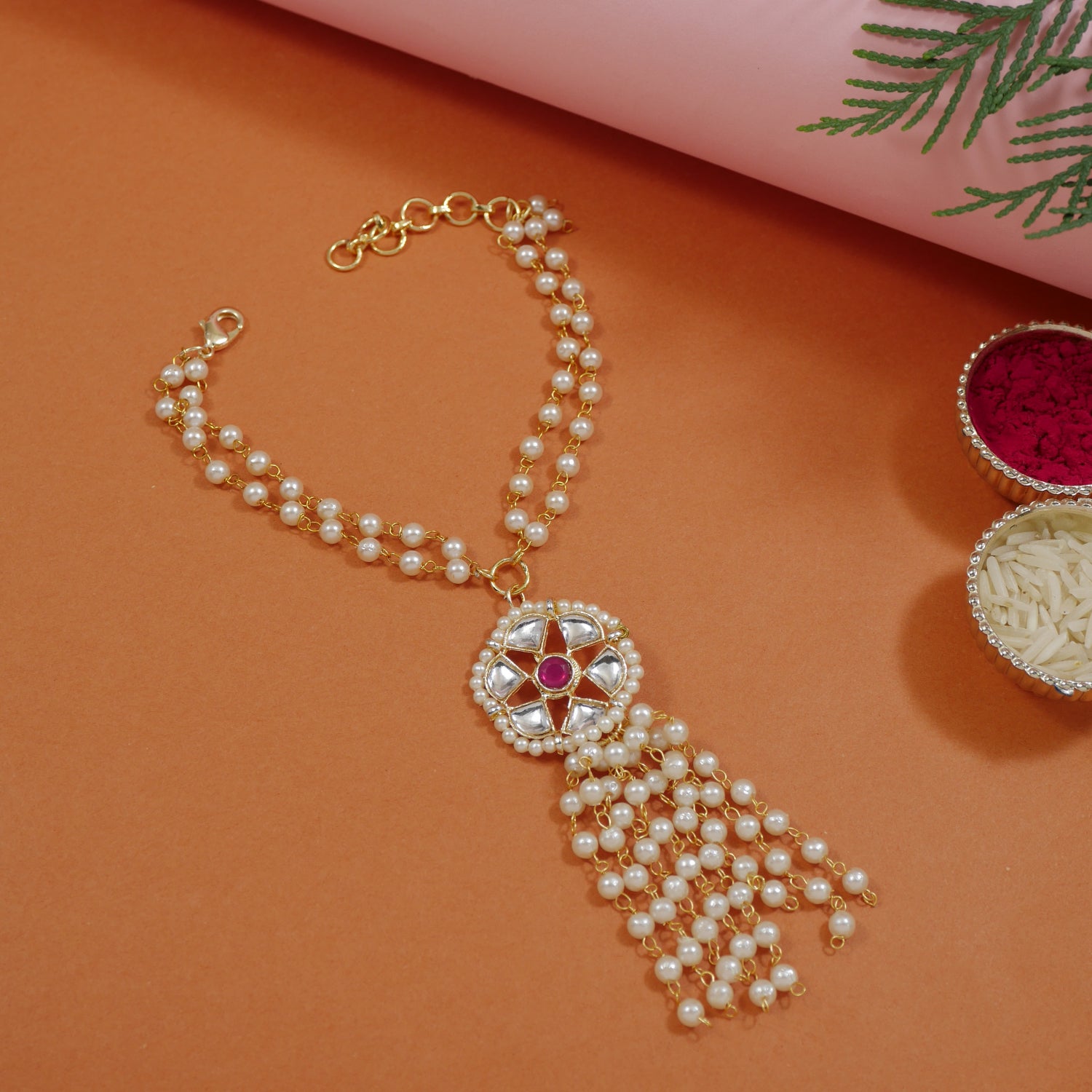 Delicate Pearl Work Bhaiya Bhabhii Lumba Rakhi With Roli Chawal & Rakshabandhan Card