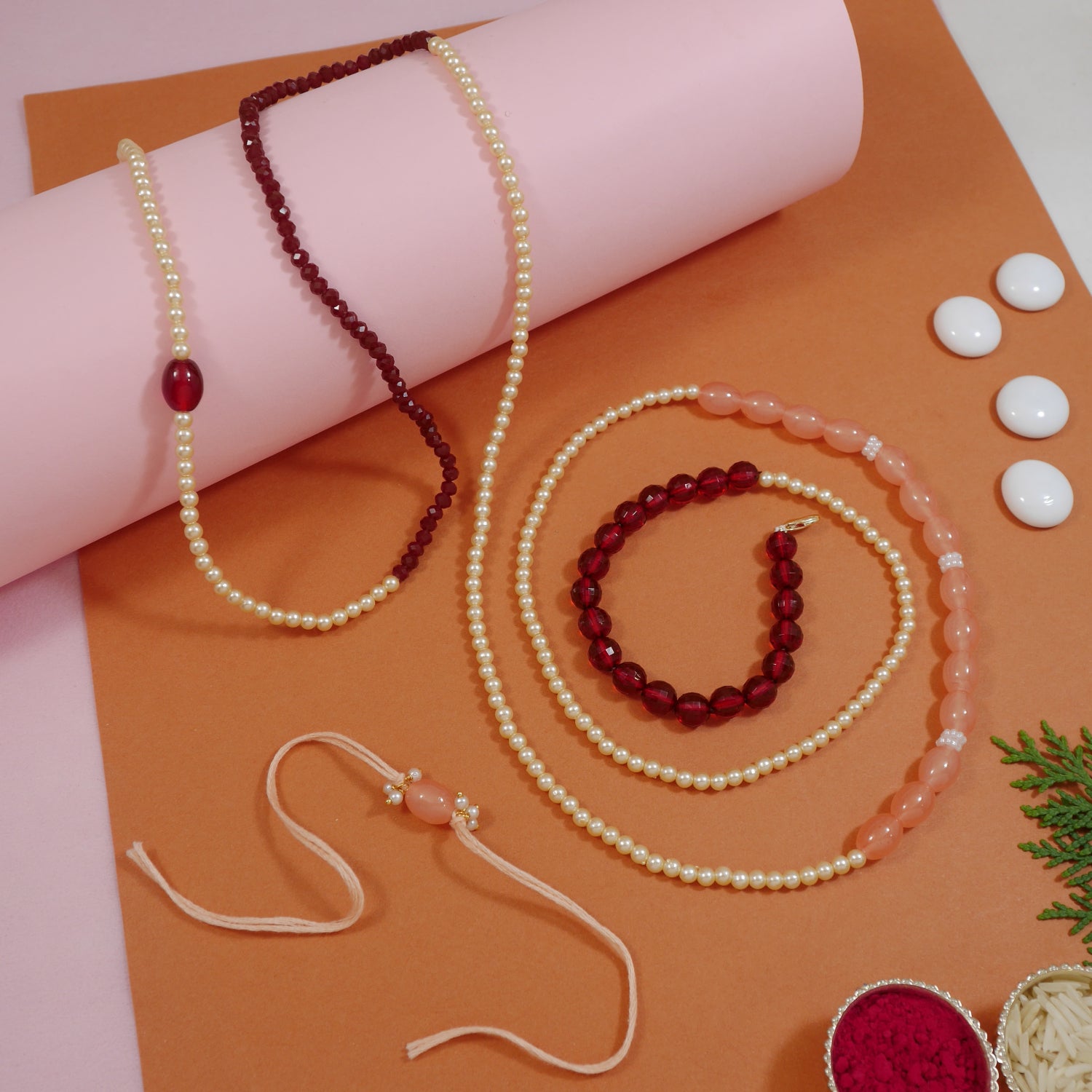 Elegant Bhaiya Bhabhi Wrap Around Lumba Pearl Rakhi With Roli Chawal & Card