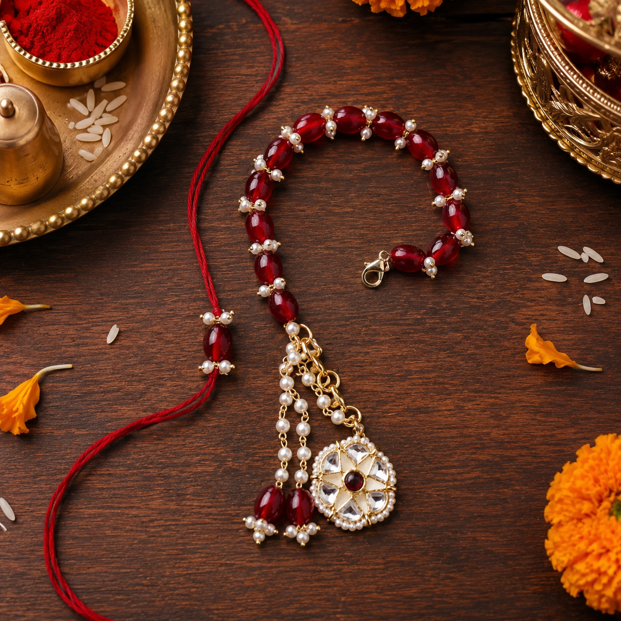 Maroon Kundan Pearl Bhaiya Bhabhi Rakhi With Roli Chawal & Rakshabandhan Card