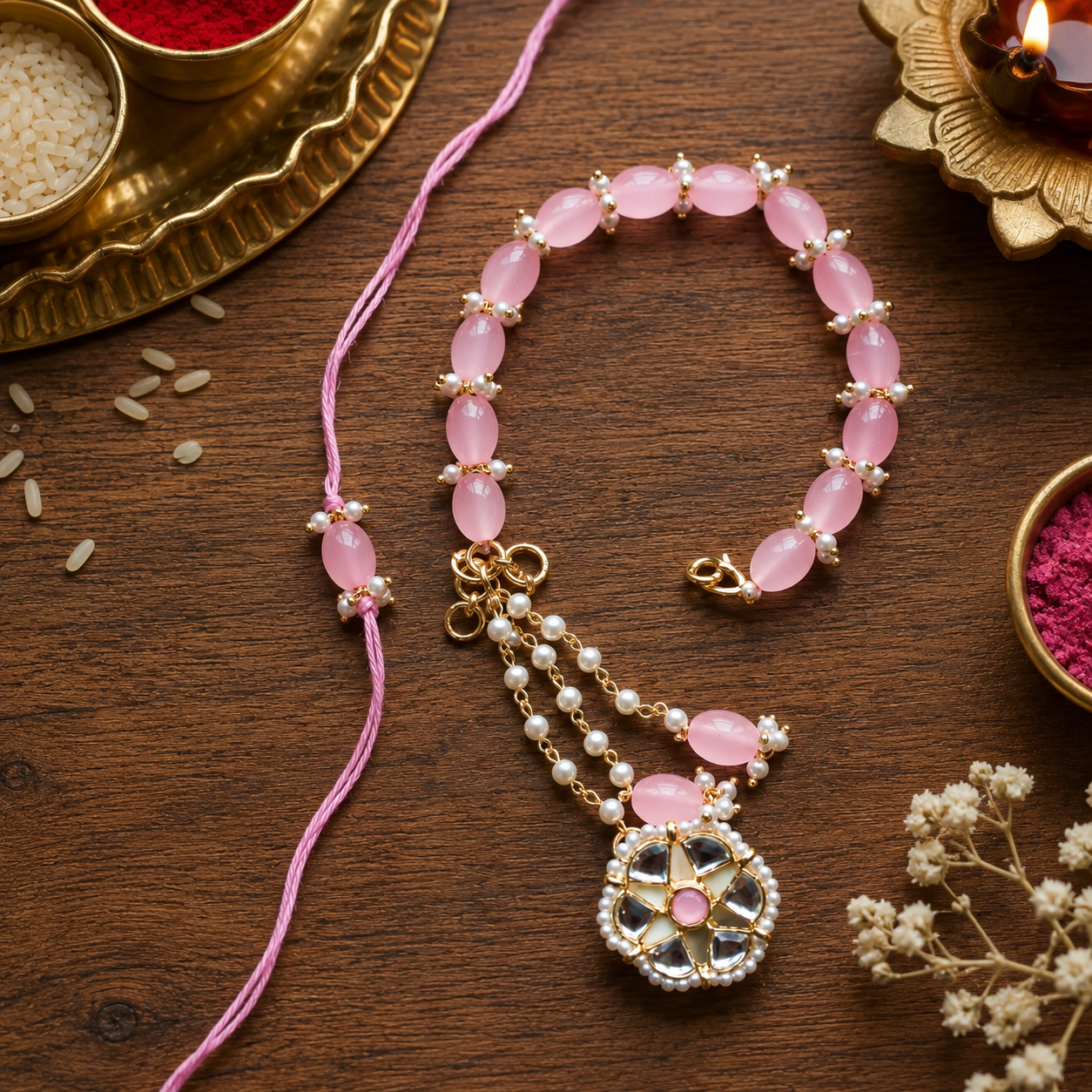 Pink Kundan Pearl Bhaiya Bhabhi Rakhi With Roli Chawal & Rakshabandhan Card