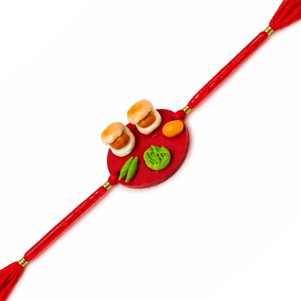 Cute Vada Pav Rakhi with Roli Chawal & Rakshabandhan Card