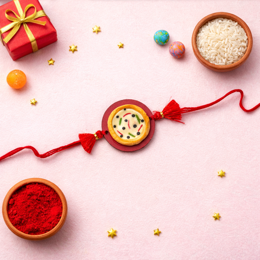 Cute Pizza Rakhi with Roli Chawal & Rakshabandhan Card