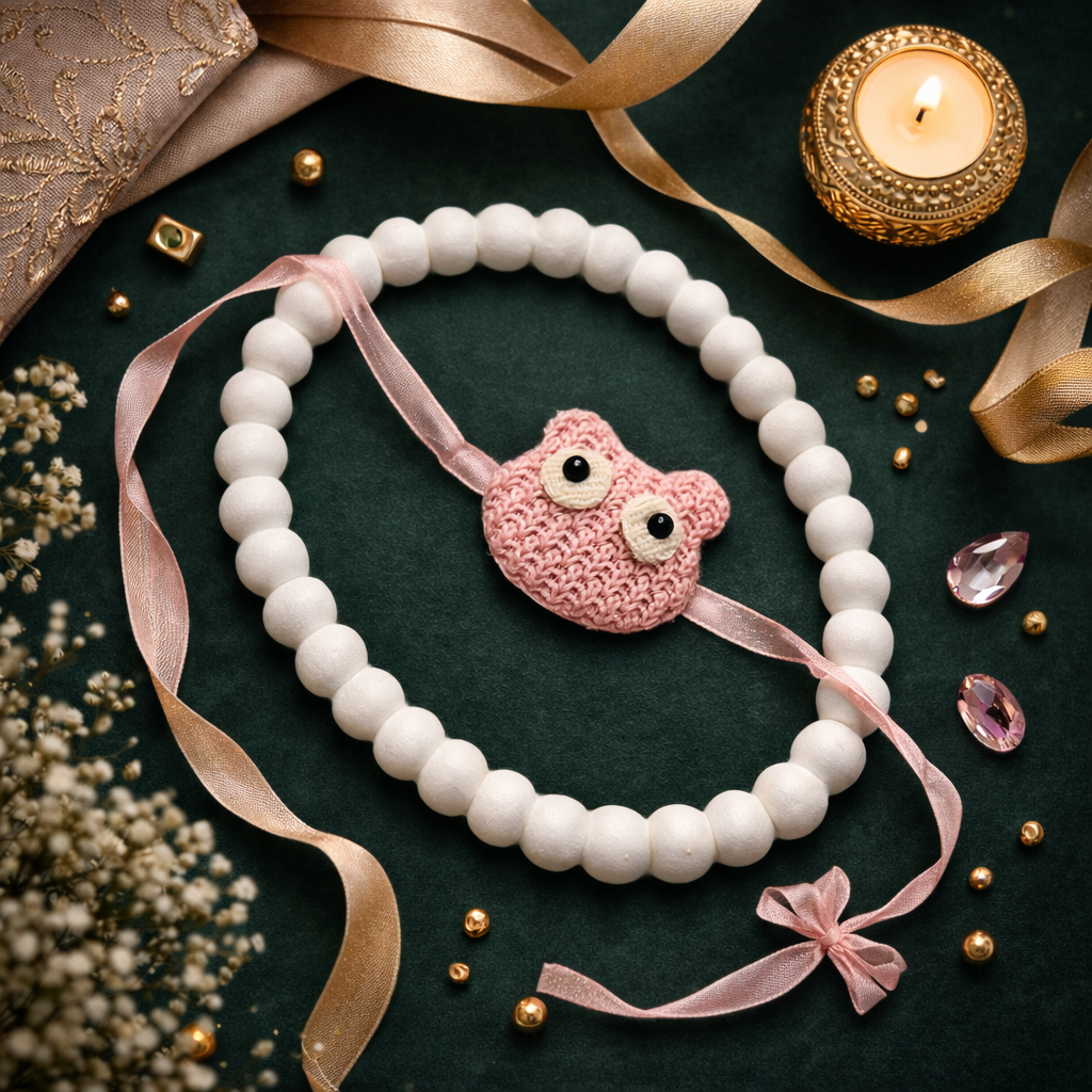 Cute Crochet Rakhi with Roli Chawal & Rakshabandhan Card