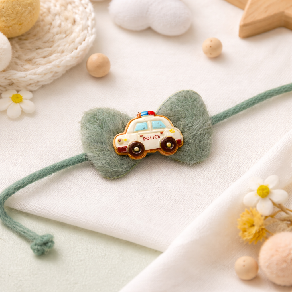 Cute Police Car Kids Rakhi with Roli Chawal & Rakshabandhan Card