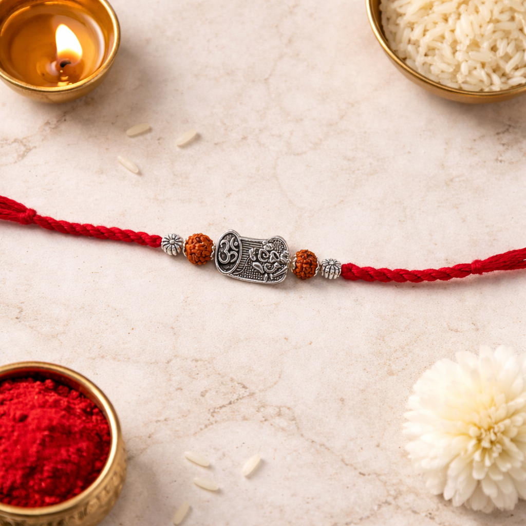 Om Damru Rudraksha Beads Rakhi with Roli Chawal & Rakshabandhan Card
