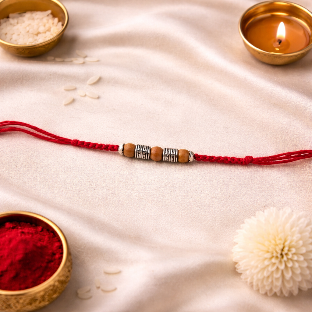 Wooden Beads Beaded Rakhi with Roli Chawal & Rakshabandhan Card