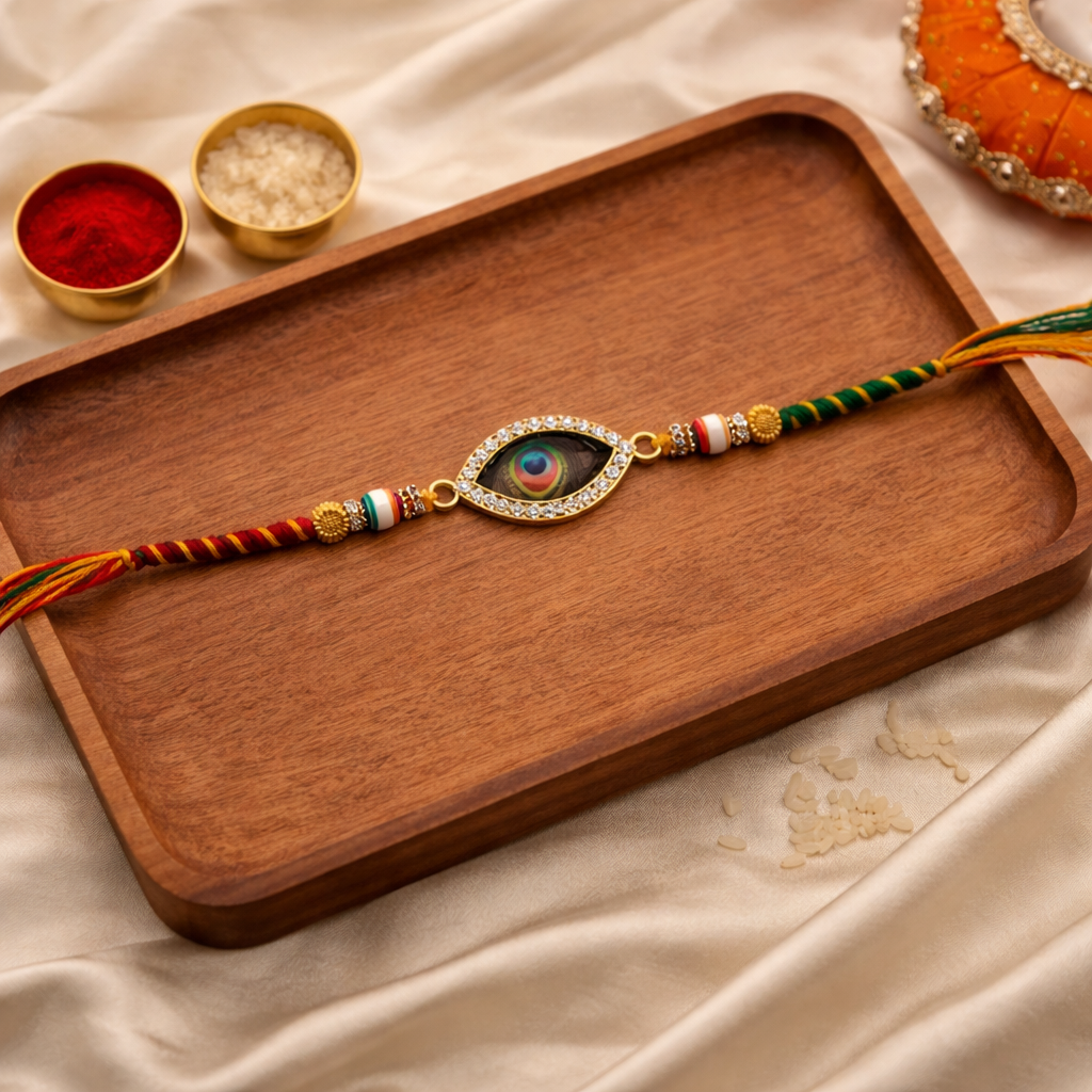 Traditional Peacock Feather Rakhi with Roli Chawal & Rakshabandhan Card