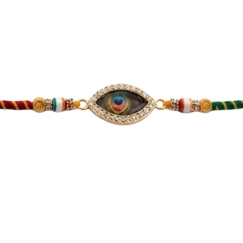 Traditional Peacock Feather Rakhi with Roli Chawal & Rakshabandhan Card