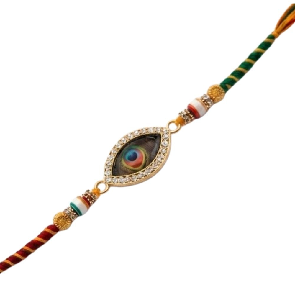 Traditional Peacock Feather Rakhi with Roli Chawal & Rakshabandhan Card