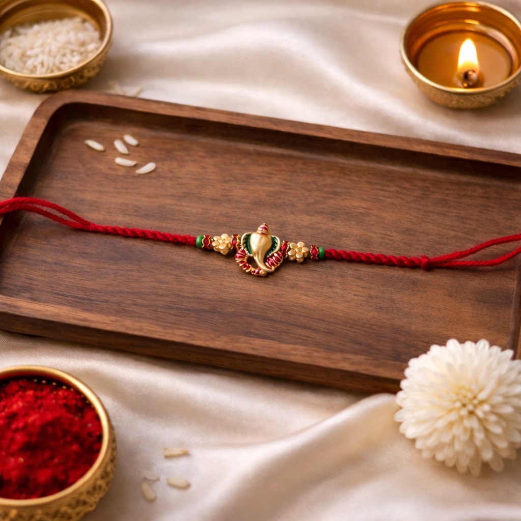 Ganpati Bappa Enamel Rakhi with Roli Chawal & Rakshabandhan Card